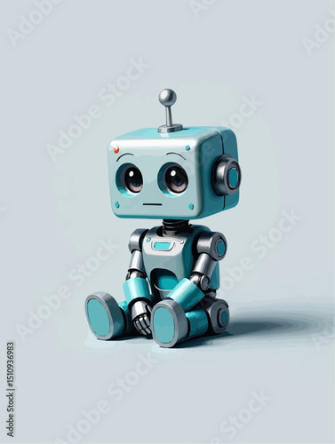 Cute teal and silver cartoon robot with expressive eyes sitting friendly against a light-blue background [with copy space]