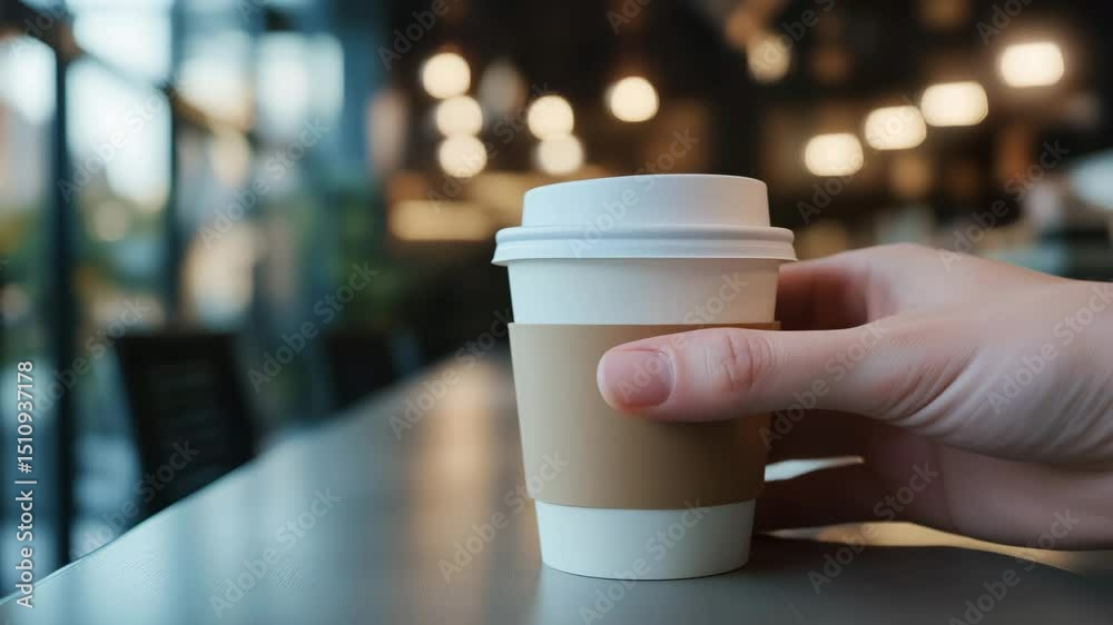 Hand reaches for a coffee cup on a cafe table with blurred warm lights in the background