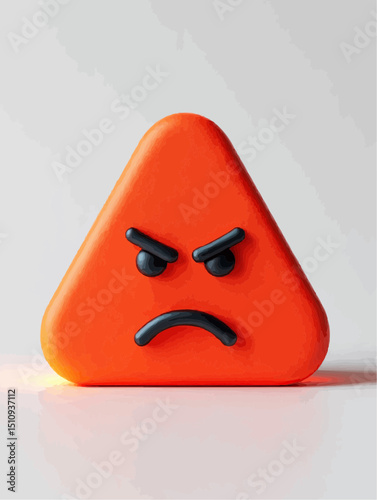 Three-dimensional triangular emoticon in orange and black expressing anger against an off-white background [with copy space]