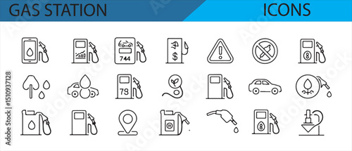 Fueling icons set with gas pumps, vehicle refueling, and fuel pricing.