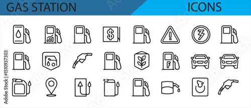 Gas station vector icons depicting pumps, fuel types, and environment-related symbols.