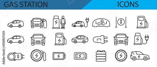 Icons for gas station services, including fuel dispensing, price tags, and car fueling.