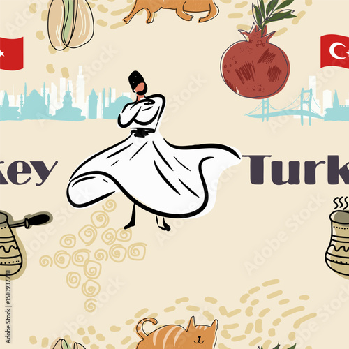 Seamless pattern symbols of turkey, hand drawn vector illustration, stickers.