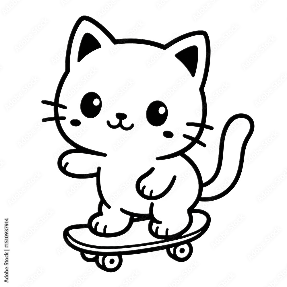Obraz premium Kitten on a Skateboard: An endearing, cute kitten enjoys a ride on a skateboard. The vector design captures joy and a spirit of playfulness.