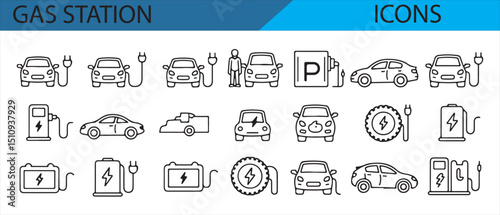 Fuel station icons with price signs, warnings, and fueling equipment.