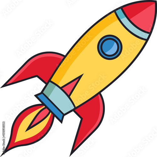 Flying cartoon rocket bright color vector illustration with transparent background