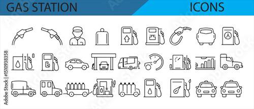 Collection of gas station icons for energy, transport, and fueling stations.