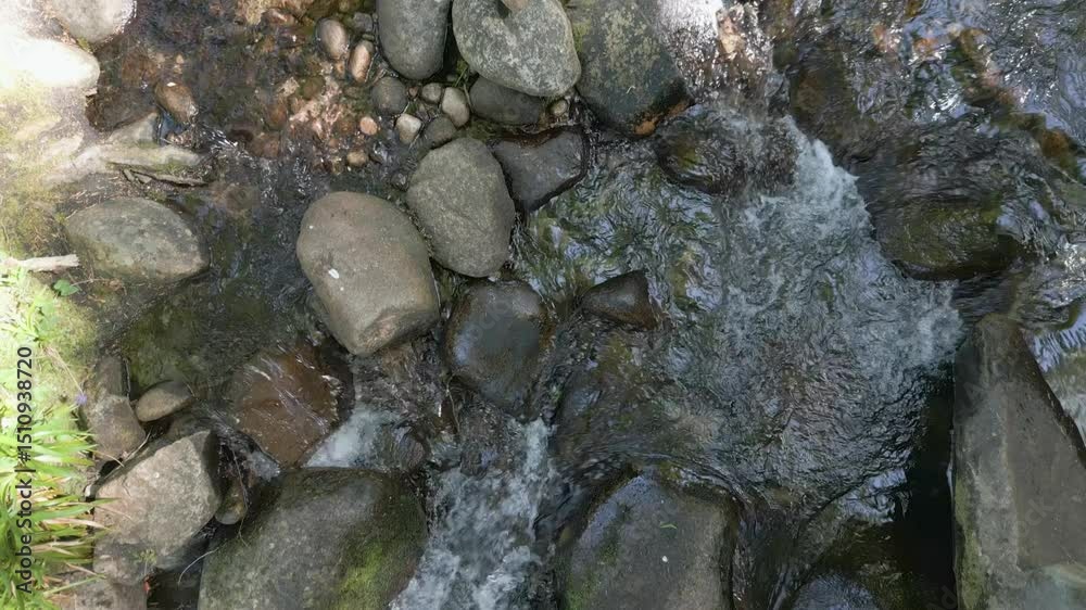 drone, vue à la verticale (de dessus) d'une rivière et d'une cascade dans les Vosges