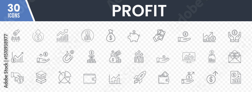 Set of 30 Profit-Themed Icons Featuring Money, Graphs, Charts, Dollar Signs, Piggy Banks, and Financial Growth Symbols for Business, Investment, and Economic Analysis