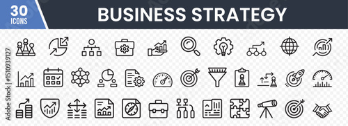 Set of 30 Business Strategy Icons in Black Line Art Featuring Teamwork, Growth, Organizational Structure, Analysis, Planning, and Performance Metrics for Corporate and Management Applications