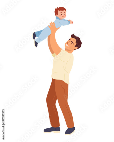 Happy father lifting his baby son up in the air. Dad playing with child, joyful family time. Vector illustration of parenthood love isolated. Perfect for Father's Day cards and family themed designs
