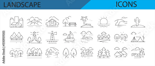 Collection of hand-drawn vector icons representing landscapes, including mountains, trees, water, fountains, and urban views, perfect for nature, travel, and architecture-related designs.