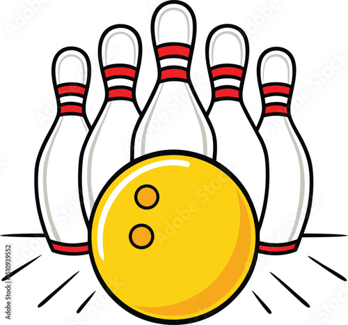 A cartoon bowling illustration showing five pins and a yellow bowling ball on a white background