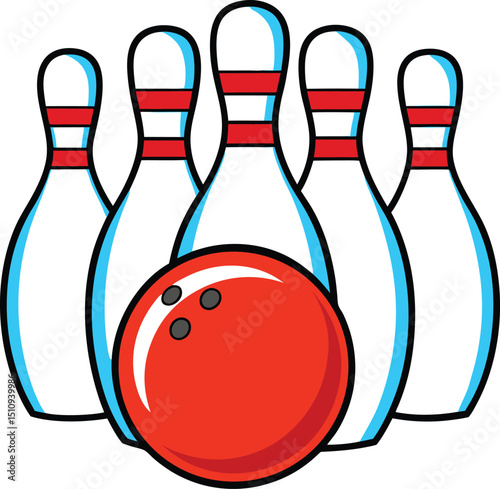 A cartoon image of bowling pins with red stripes and a red bowling ball in the foreground
