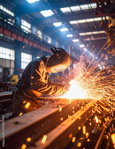 Industrial welding process creating incandescent sparks in a factory environment
