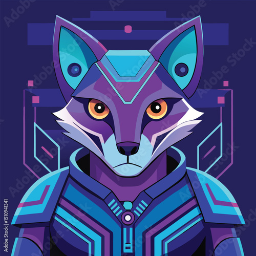 Robot fox mascot features glowing circuit board patterns in a dynamic and futuristic design, highlighting advanced technology and creative artistry