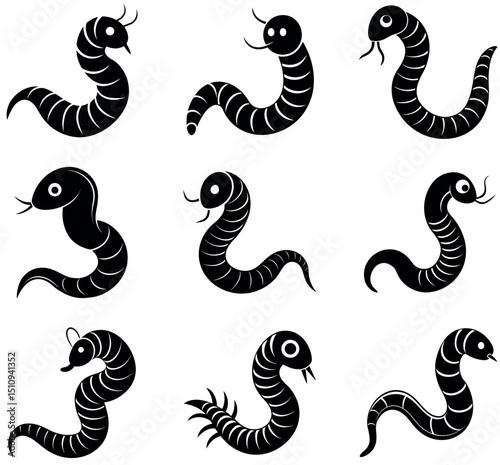 Cute Worm Snake Silhouette Icon Collection