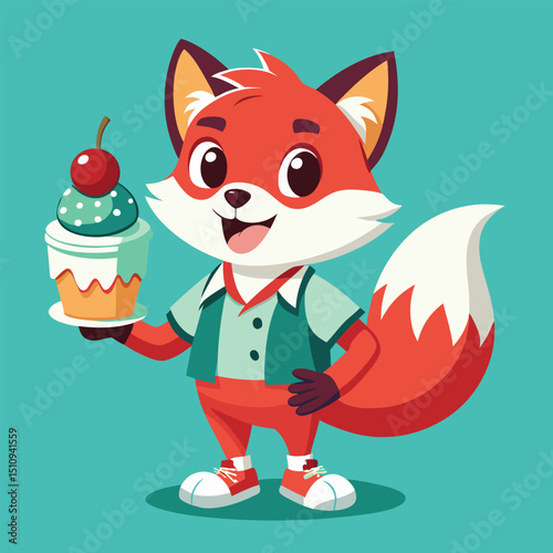 Fox mascot playfully holds an ice cream sundae in a colorful setting, showcasing a joyful expression