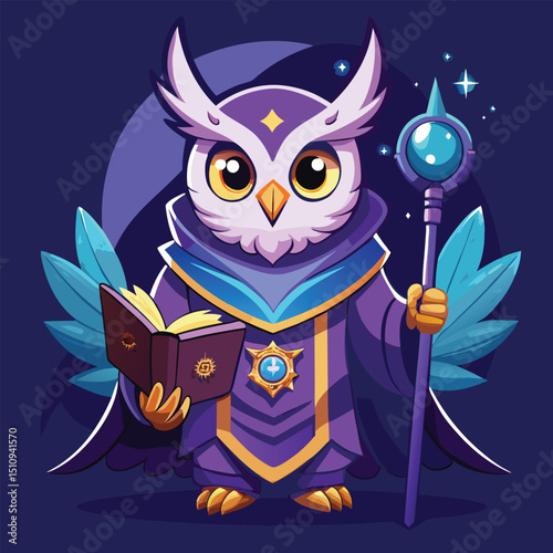 Owl mascot acts as game master holding a spell book and magic staff during a tabletop gaming session in a cozy setting