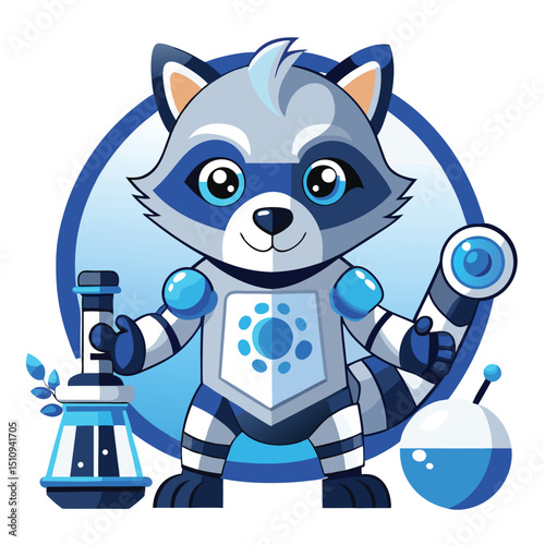 Robot raccoon mascot holding scientific instruments and posing for a playful science-themed illustration in a colorful environment