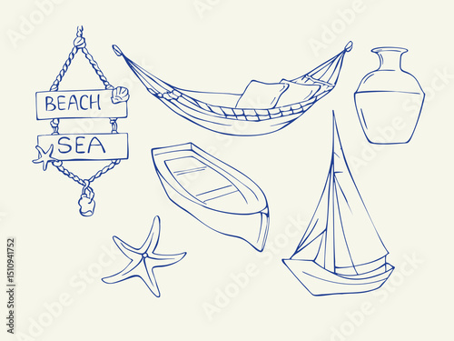 Set of sea beach doodles. Hand drawn outline sketches