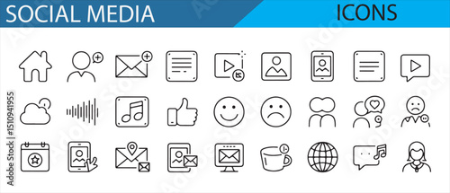 Collection of hand-drawn icons for social media interaction and communication tools.
