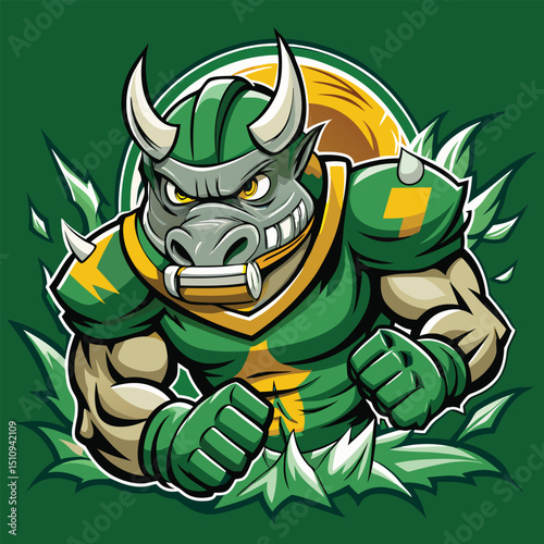 Charging rhinoceros mascot energetically embodies team spirit in a football helmet during an exciting sports event