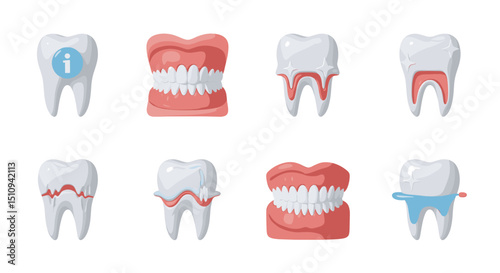Dental health and hygiene illustration showing various tooth conditions and dental prosthetics options