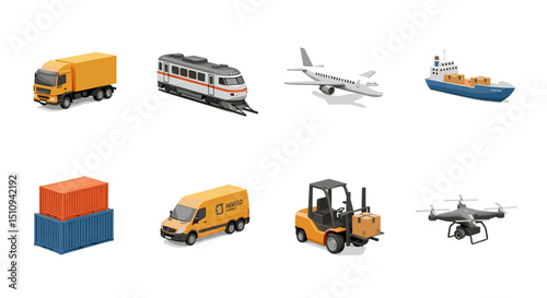 Isometric transportation methods freight shipping logistics delivery truck train airplane ship van forklift drone