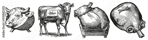 Vintage Illustrations of Cow and Meat Cuts for Culinary Arts, Logo Design, Hand drawing Engraving, Vector Illustration Isolated Object