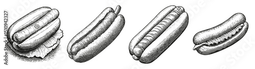 Vintage Hot Dog Illustrations in Classic Black and White Style, Logo Design, Hand drawing Engraving, Vector Illustration Isolated Object