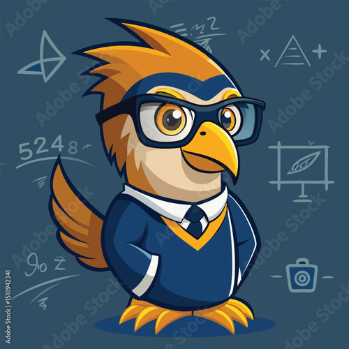 Falcon mascot presenting math equations on chalkboard in an educational setting during a school event