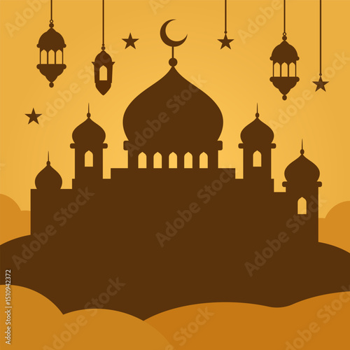 Silhouette of a mosque at night with a crescent moon, stars and lamps. Free space for your text. Vector illustration