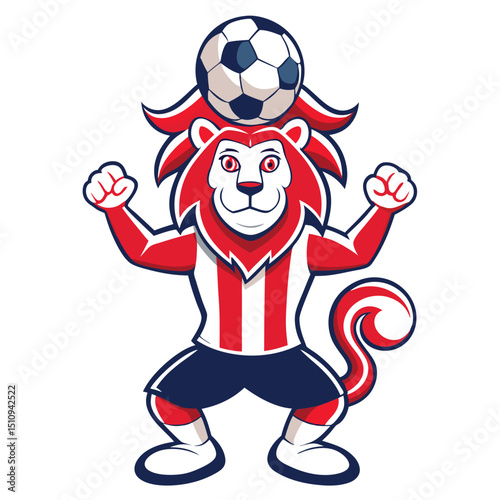 Lion mascot skillfully balancing a soccer ball on its head while showing enthusiasm and team spirit