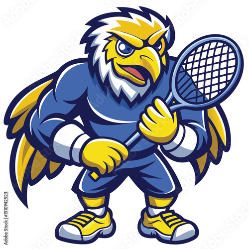 Eagle mascot displays fierce determination while clutching a tennis racket in an athletic pose on the court during a sunny afternoon
