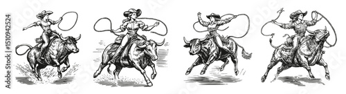 Dynamic Rodeo Cowgirls Riding Bulls with Ropes and Action Scenes, Logo Design, Hand drawing Engraving, Vector Illustration Isolated Object