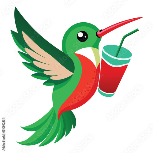 Hummingbird mascot enjoying nectar drink through straw in vibrant colors during a sunny day
