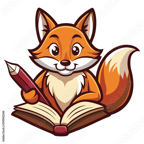 Fox mascot engaging in storytelling with an open book and quill pen, creating a whimsical atmosphere during a lively event