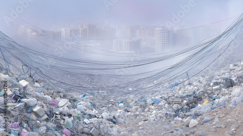 Overflowing e-waste landfill, mounds of old electronics, tangled wires, toxic haze