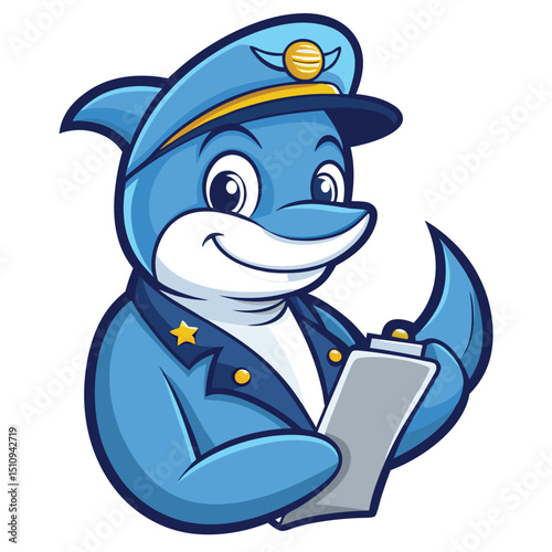 Dolphin mascot serving as cruise director while wearing a captain's hat and checking items from a clipboard on a sunny day aboard a ship