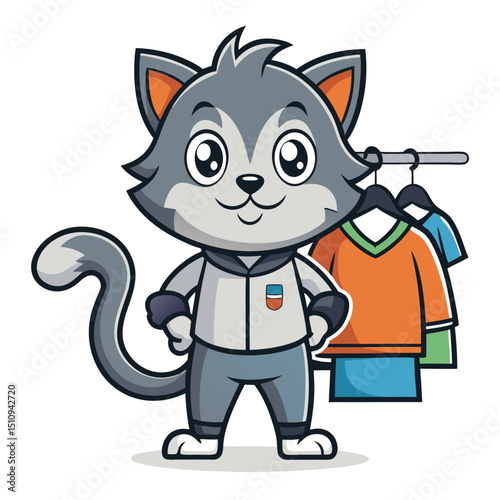 Cat mascot stands confidently in front of a colorful clothing rack displaying various style options for vibrant fashion choices