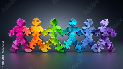 Vibrant puzzle pieces form human silhouettes, symbolizing teamwork, unity, company structure