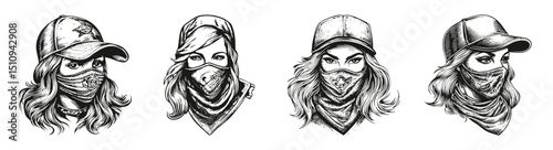 Stylish Women in Caps and Bandanas Illustrations for Diverse Uses, vector illustration, engraving design, logo design set, black and white line, template design element