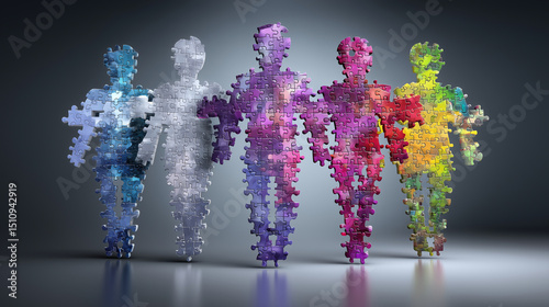 Vibrant puzzle pieces form human silhouettes, symbolizing teamwork, unity, company structure