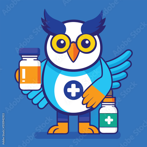 Owl mascot holds medicine bottle and prescription in a bright blue background, promoting health awareness and education during a community health event