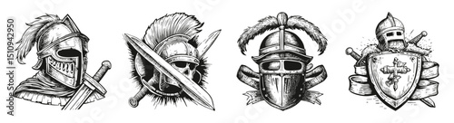 Detailed Illustrations of Medieval Knight Helmets and Armor Designs, vector illustration, engraving design, logo design set, black and white line, template design element