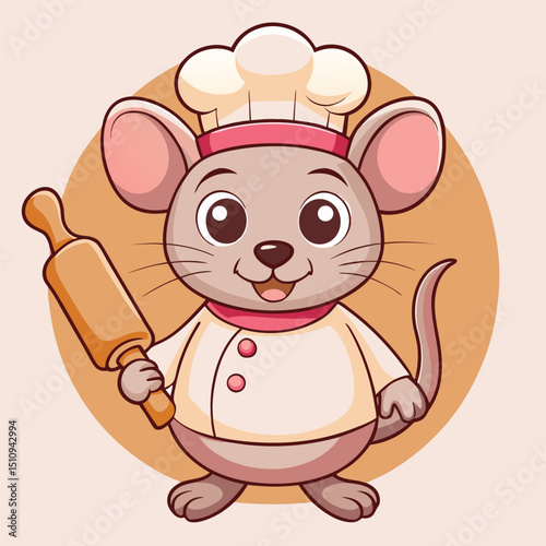 Mouse mascot in a baker's hat holds a rolling pin with flour dust, showcasing a cheerful kitchen atmosphere during a baking session
