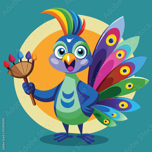 Cheerful peacock mascot holding a paintbrush and palette with vibrant colors ready for a creative activity in a playful artistic setting