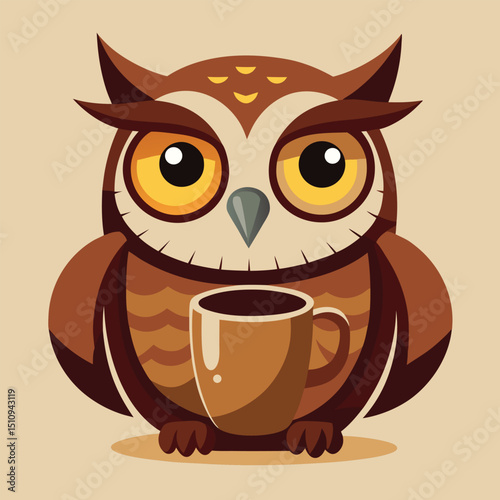 Owl mascot perched on coffee mug wide awake expressing enthusiasm for caffeine in a cozy setting