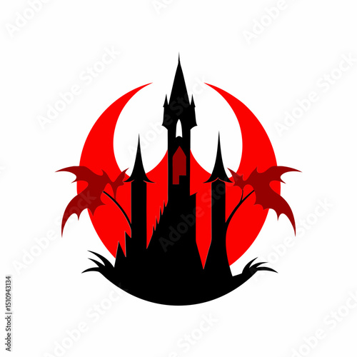 Spooky Castle with Bats and Moon Silhouette